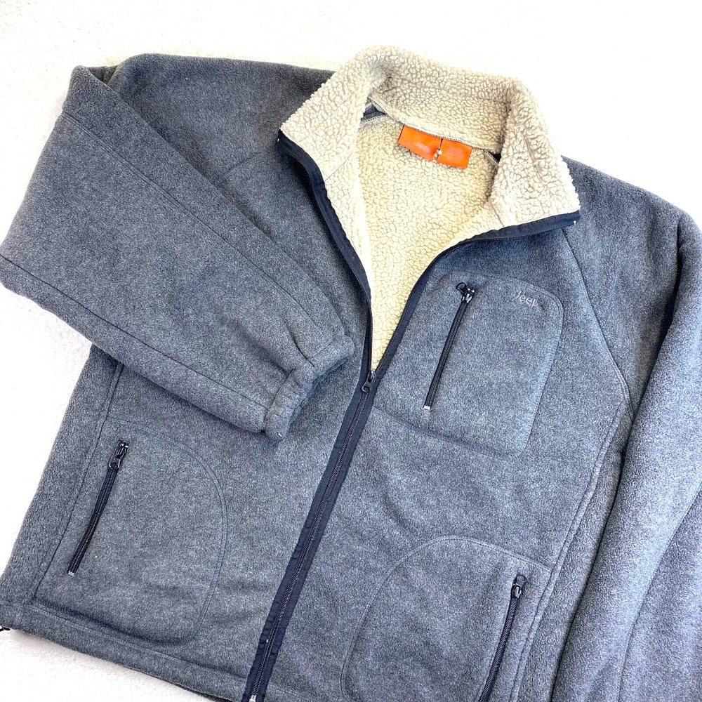 Jeep Logo Jacket Mens XL Gray Fleece Sherpa Lined Full Zip Rugged Country Hiking